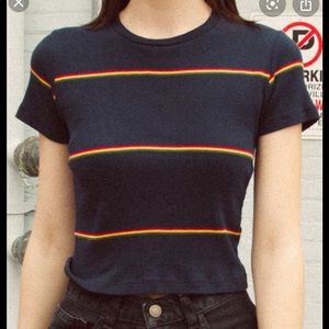 Navy brandy top with red, yellow and green stripes